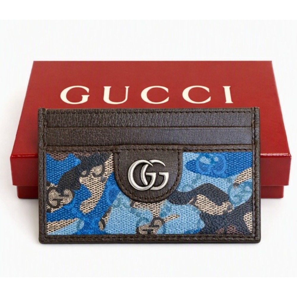 Gucci 834795 Brown Leather Blue Camo GG Supreme Canvas Card Holder Wallet